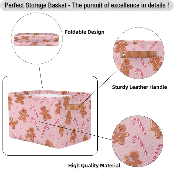 Pink Candy Gingerbread Storage Bins Christmas Nursery Baskets Waterproof Closet Organizer with Handle Collapsible Shelf Containers Storage Box for Books Cloth 15 X 11 X 9.5 IN