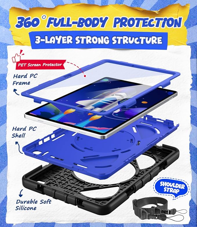 Grifobes Case for Samsung Galaxy Tab A11+ / A9+ Plus 11 inch 2026/2024, Full Protection with Screen Protector/Rotating Stand, Hand/Shoulder Strap for 11” Tablet Cover Black+Blue