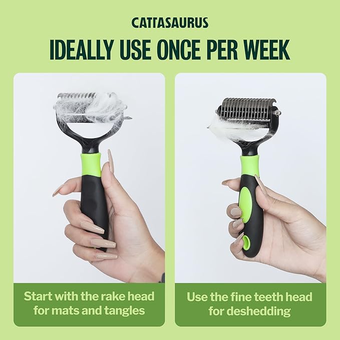 CATTASAURUS Cats & Dogs Grooming Brush for Shedding - 2 in 1 Deshedding Tool and Undercoat Rake for Long and Short Haired Dogs with Double Coat - Dematting Comb and Pet Hair Deshedder Supplies