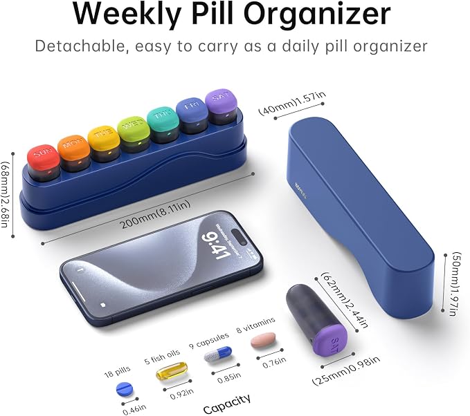 KOVIUU Weekly Pill Organizer 1 Time a Day, Detachable Pill Box 7 Day, Blue | Travel Pill Case | Once Daily Medication Dispenser | Week Pill Holder Container for Vitamin, Medicine, Supplement | BPA-Free