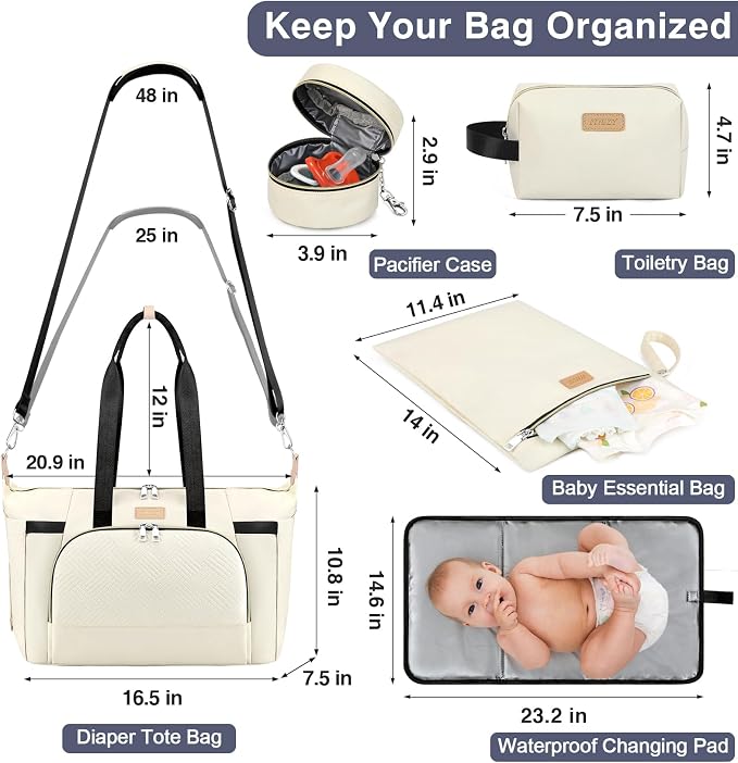 Diaper Bag Tote for Baby 7PCS, Large Mommy Bag with Portable Changing Pad | Multifunctional Hospital Bags for Labor and Delivery with Pacifier Case and Organizer Pouches,Travel Baby Bag for Boy Girl