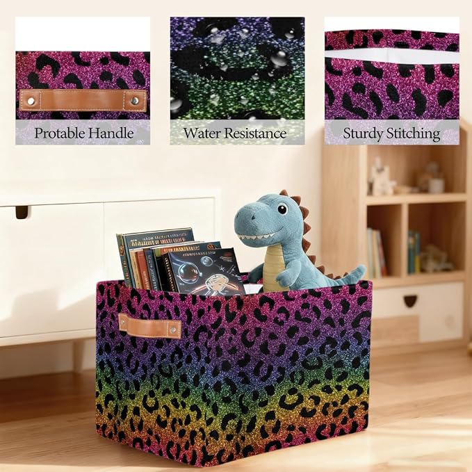Pardick Storage Baskets Bin, Rainbow Leopard Print Collapsible Canvas Fabric Storage Bin Decorative Baskets Toy Organizer Rectangle Storage Boxes with handles for Home Shelves Nursery,1Pack,C-01