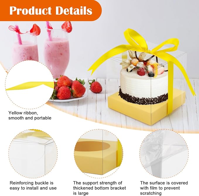 12 PCS Clear Cupcake Boxes 3.5 Inch Cupcake Containers (Yellow) | Disposable Cupcake Carrier Plastic Individual Cupcake Storage Holder with Ribbons and Inserts for Wedding, Birthday Party