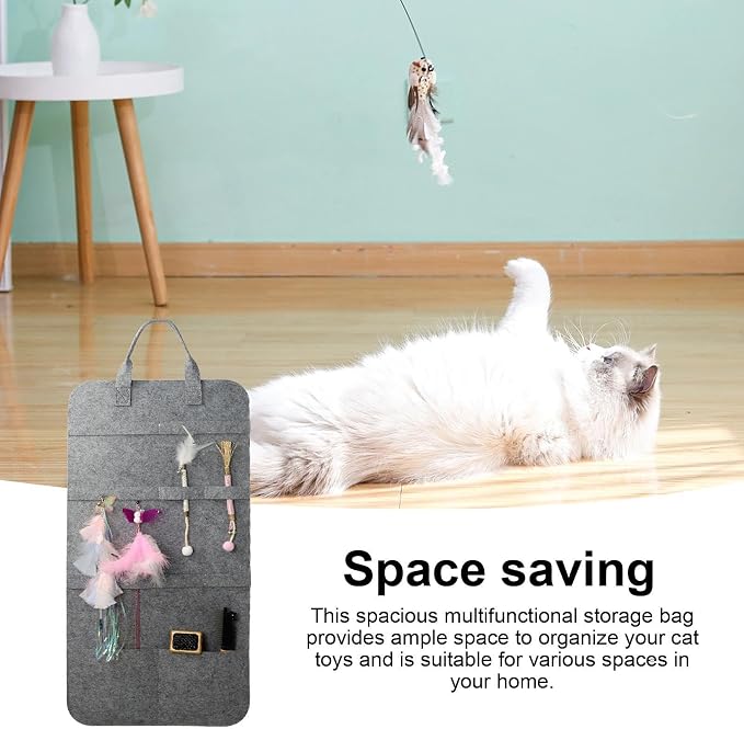Cat Wand Toy Organizer Bag, Space Saving Felt Wall Storage Pouch for Cat to | Plume for Indoor Pet Toy Storage Mounted Doorknob Hook Solution Space Saving Wall Mount Door Felt Organizer Container