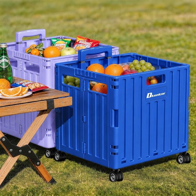 Folding Utility Cart with Lid, Portable Rolling Crate Handcart Collapsible Shopping Trolley, Durable Plastic Foldable Tool Basket with 4 Rotate Wheels for Grocery, Office, Luggage, School - Blue