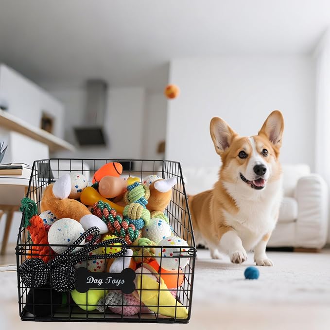Large Dog Toy Basket,Pet Storage Box Toys Bin Metal Organizer Container Dogs Wire Rack Baskets Food Bins for Living Room Boxes Outdoor Plastic Supplies Organizers Puppy Cat Black Cabinet Chest.