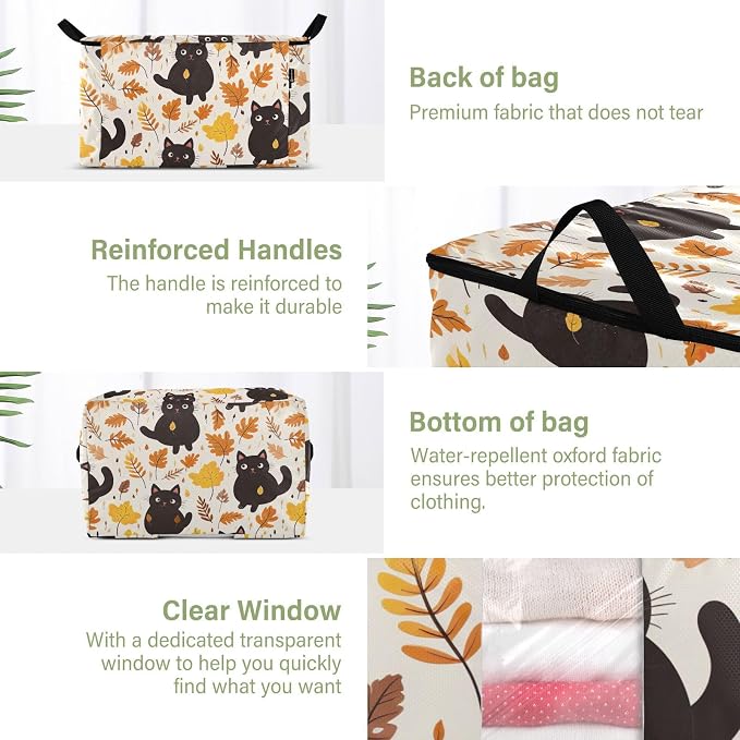 Generic Cute Cat Leaves Autumn Clothes Storage Bag Bins 2 Pack Foldable Storage Containers Large Closet Organizer with Zipper Storage Cubes for Clothing Comforters Bed Sheets 60L