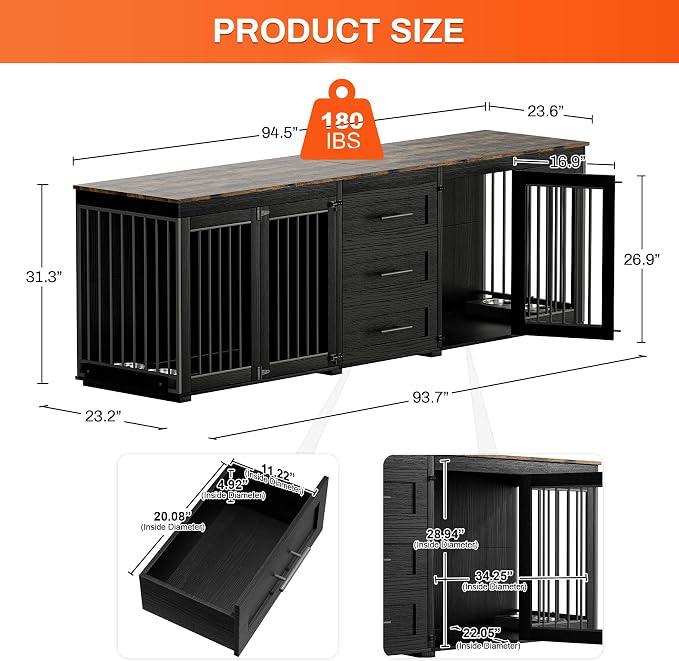Rophefx 94.5" Dog Crate Furniture for 2 Dogs, Wooden Kennel TV Stand,Black | Indoor double dog house with 3 storage drawers, 4 feeding bowls, lockable doors, and a wide top for large and medium dogs