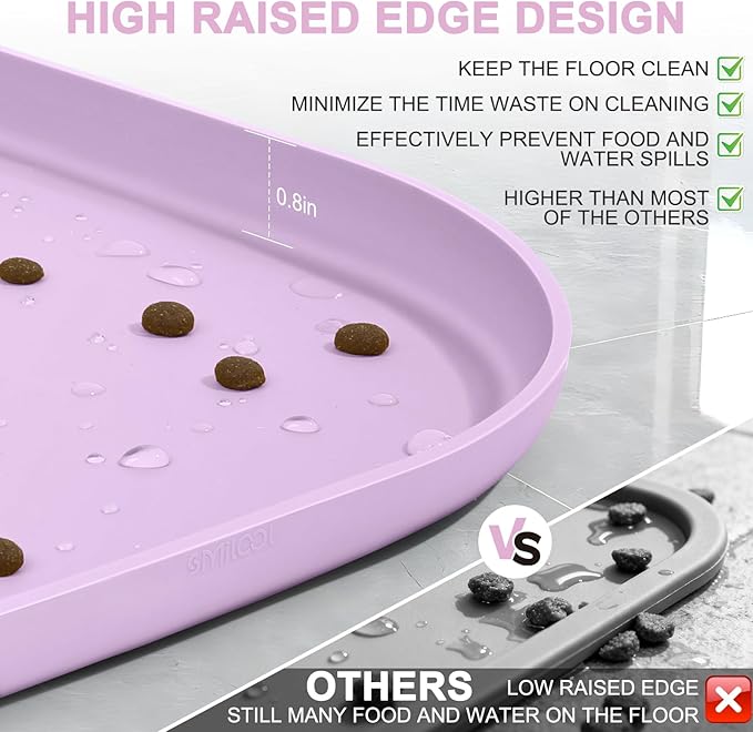 Smilool Silicone Pet Food Mat with Raised Edge for Food and Water Bowl, Dog Feeding Mats, Cat Food Trays for Floor Waterproof, Rubber Tray for Dogs and Cats, 22 x 14 x 0.8 Lavender