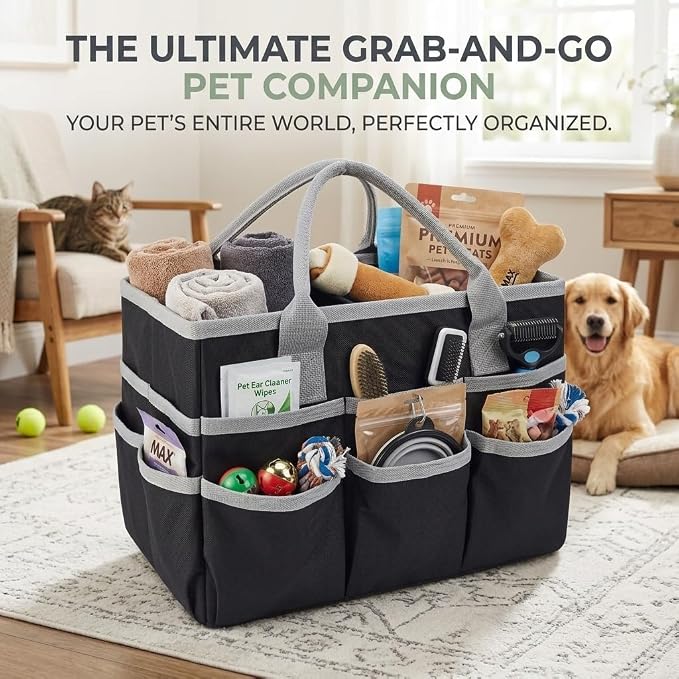 Pet Grooming Bag, Dog Grooming Organizer Tote with 10 Pockets, Dog Storage Organizer with Sturdy Handle for Grooming Supplies, Toys, Treats, Leash (Bag ONLY) (Black)
