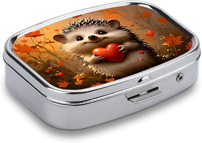 Hedgehog Heart Autumn Durable Metal Pill Case for Daily Use, 2 Slot Medicine Box Organizer,Leak Proof Travel Pill Container for Vitamins, Compact Pocket Medicine Holder for Seniors,Holiday Gift