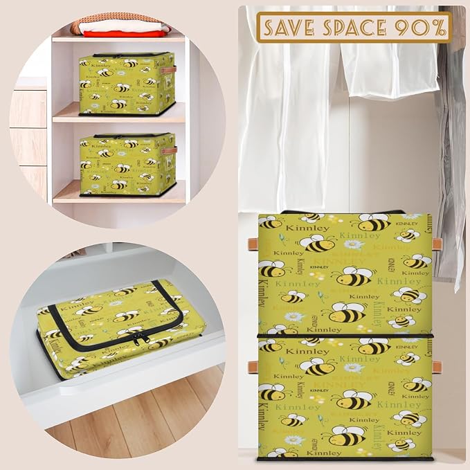 Custom Storage Baskets with Zipper Lid, Personalized Cartoon Bee with Daisy Floral Lemon Yellow Storage Bins Boxes PU Handles for Clothes Bedroom Closet Organizing Toys Books Shelves