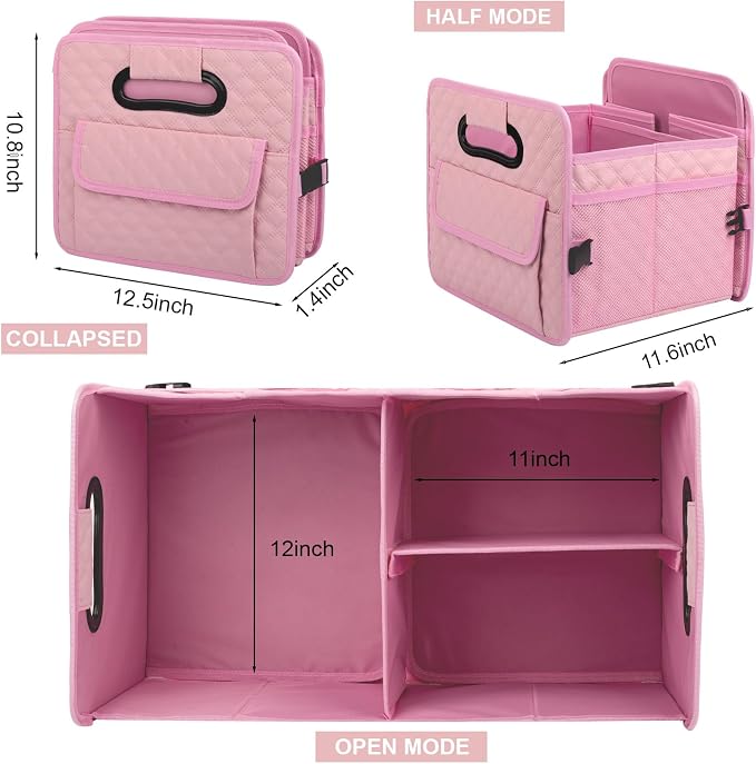 JiatuA Car Trunk Organizer for SUV, Collapsible Car Storage Organizer Pink | Sturdy, Large Capacity, Diamond Decor, Multi Compartment Container Box Adjustable Car Accessories for Sedan Truck