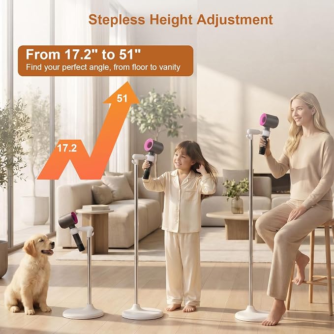 Mistriddle Hands Free Hair Dryer Holder Floor Stand, 17.2-51" Adjustable | For Home, Salon & Pet Grooming, Universal TPU Clip, Stable Aluminum Base with Organizer Hook (White)