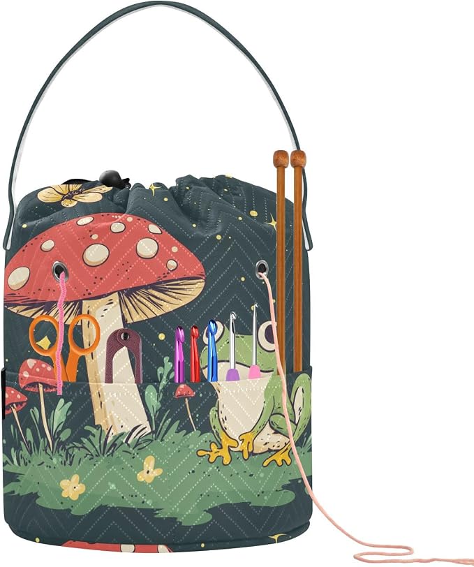Fustylead Cute Frog and Red Mushroom Butterfly Knitting Crochet Bag, Portable Large Yarn Storage Drawstring Basket Organizer for Crocheting Hooks, Project, Store Skein Ball, Short Knitting Needle
