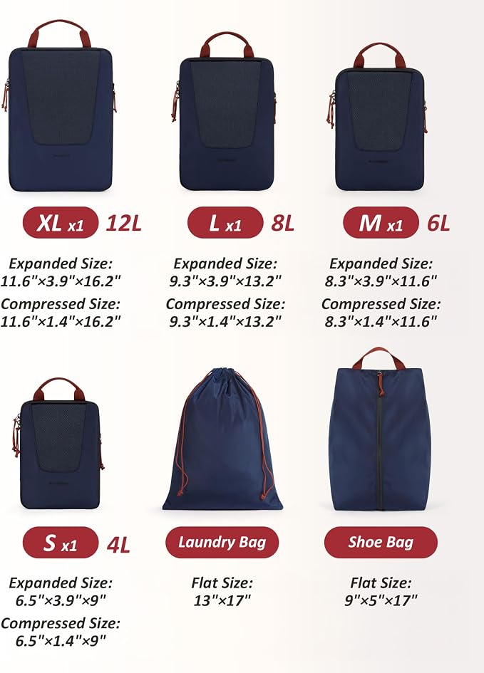 Bagsmart Compression Packing Cubes, Travel Bag Cruise Ship Essentials | Lightweight, Compressible Suitcase Organizer Set fit Standard Carry-On & Checked Luggage, 6 Set, 14 Set Washable Packing Bags