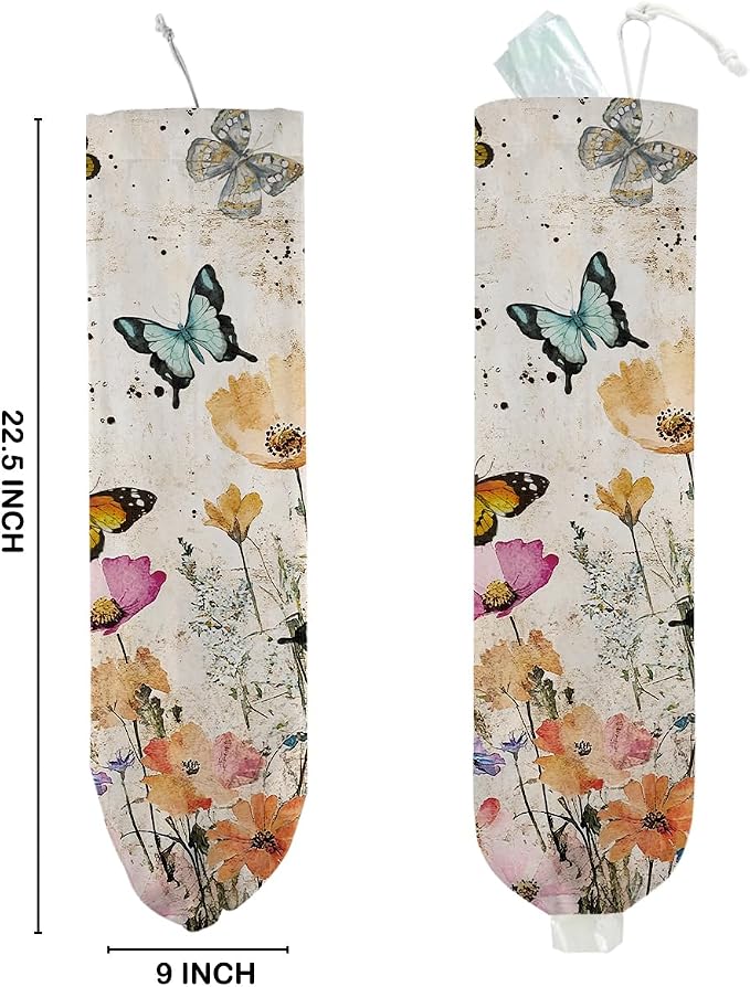 Vintage Floral Plastic Bag Holder, Wall Mount Trash Bag Holder 22.5x9 Inch | Summer Floral Reusable Grocery Bags Storage Dispenser for Home Kitchen Pantry Farmhouse, Butterfly Gifts for Women