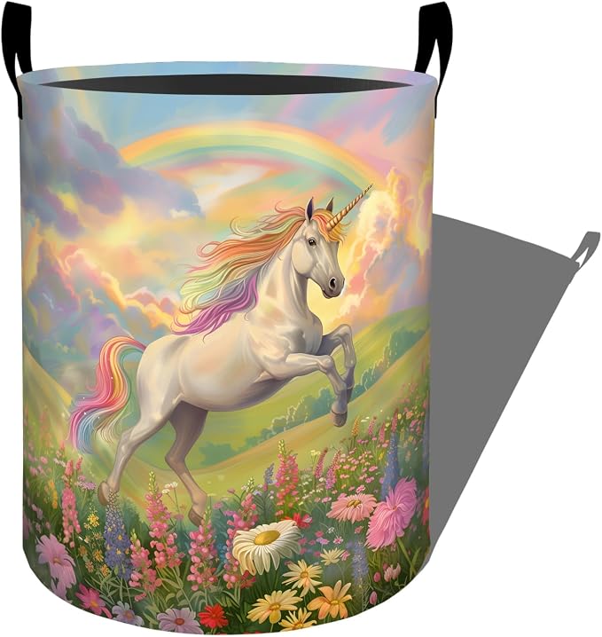 Magical Unicorn with Rainbow Laundry Basket with Handles, 19.7"x15.7" Clothes Foldable Floral Meadow Laundry Hamper Organizer for Dorm Nursery Bedroom Bathroom Decor, Toy Storage Bin for Kids