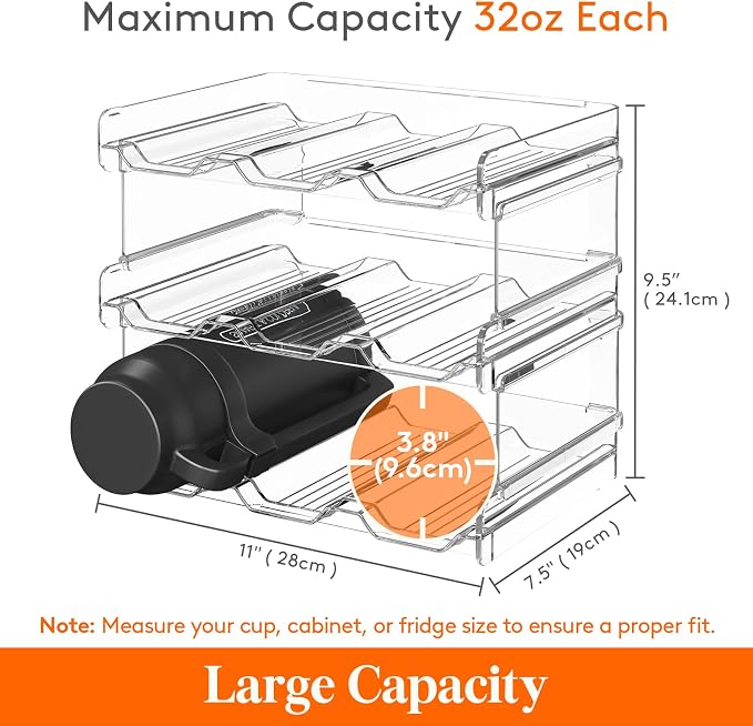 Lifewit Stackable Water Bottle Organizer for Cabinet, Clear Tumbler Holder | Large Slot for Up to 32 oz Cups, Plastic Wine Rack for Fridge, Pantry, Kitchen Organization & Storage, 3-Tier Holds 9 Bottles