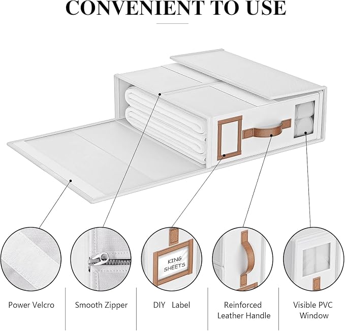 4 Pack Bed Sheets Organizers And Storage,Sheets Set Folder Keeper with Handle,Foldable Bedding Storage Box For Linen Closet,Duvet Cover(King Size-3.7 Gal,White)