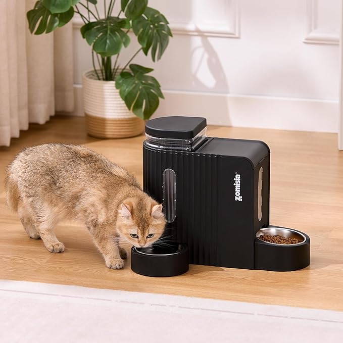 ZOMISIA Gravity Cat Feeder and Water Dispenser with 304 Stainless Steel Bowls, 2 in 1 Automatic Cat Feeder with 180 Degree Rotatable Water Bowl, Large Capacity for Puppy Kitten Rabbits, Black