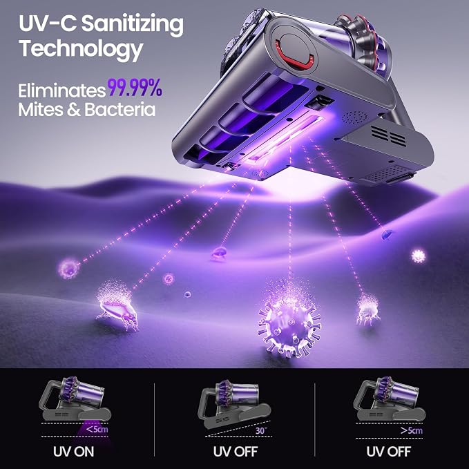 Xlife Mattress Vacuum, Bed Vacuum Cleaner with 2 Roller Brushes for Pet Hair, 253.7nm UV-C Light, 140F° Heating, 550W 16KPA Suction, HEPA Filter Couch Vauum for Bed, Sofa, Pillow, Baby Crib (Corded)