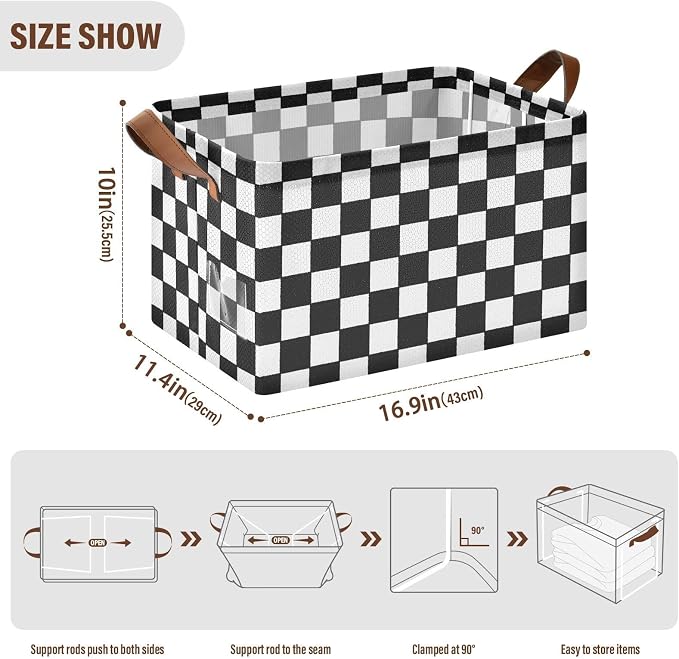 Black and White Checkered PlaidStorage Bins for Shelves with Labels&Handles Fabric Organizer Bin Foldable Rectangle Storage Basket Boxes for Closet, Bathroom, Home, Living Room, 2 Pack