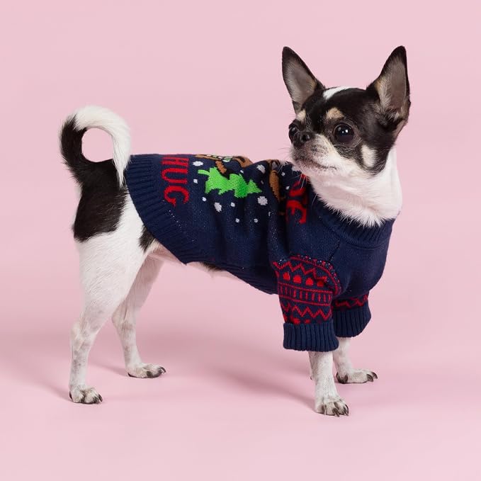 Fitwarm Funny Moose Dog Ugly Christmas Sweater, Winter Dog Clothes for Small Dogs Girl Boy, Pet Xmas Outfit, Navy, Large