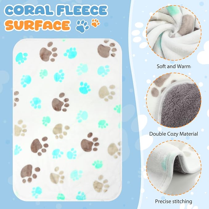 Tegeme 6 Pcs Waterproof Dog Blanket 24 x 16 Inch Paw Print Pet Blanket for Dogs Cats Puppy Washable Soft Fluffy Fleece Rug Flannel Throw Warm Sleep Mat for Kitten Doggy