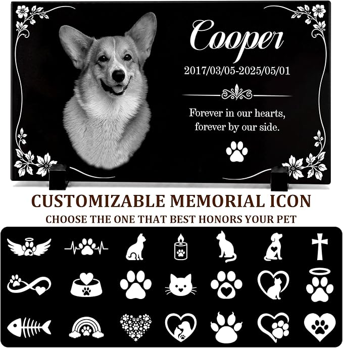 Personalized Pet Memorial Stone, Custom Granite Pet Grave Marker | for Dogs & Cats , Engraved Memorial Plaque with Photo Name Dates & Message, Indoor Outdoor Garden or Tabletop Display