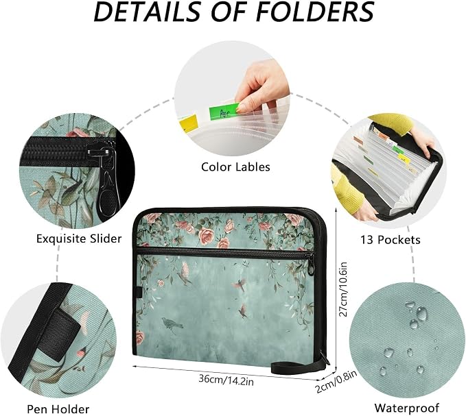 13 Pocket Zipper Expanding File Folder A4 Retro Floral | Accordion File Organizer with Front Pouch A4 Letter Size Portable Folders for Documents Receipt School Office Supplies
