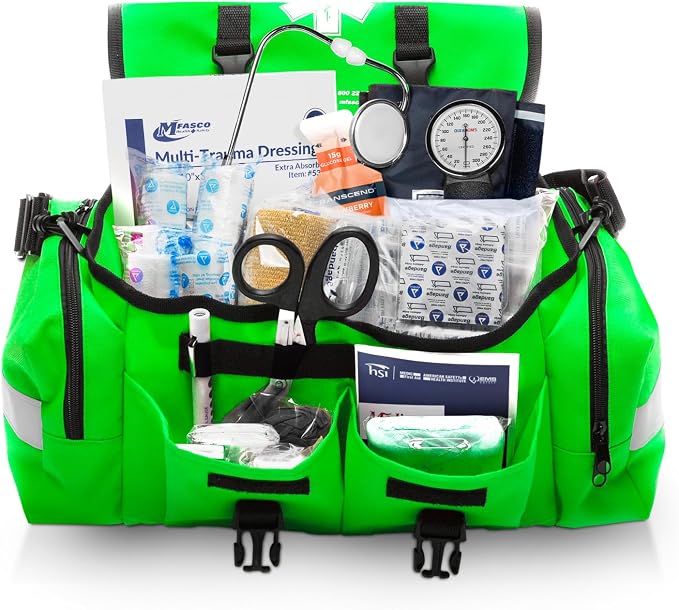MFASCO Emergency Response First Aid Kit Trauma Bag 415 Piece Green | Complete Trauma First Aid Kit | Emergency Response Bag for Businesses, Groups & Organizations | Fully Stocked Supplies