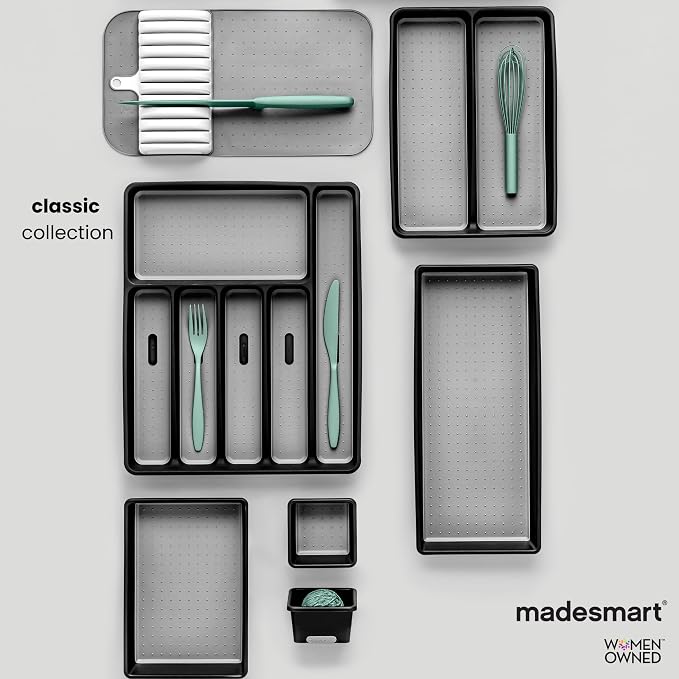 madesmart Classic 3 Bin Drawer Organizer Set, Carbon | non slip feet, rounded corners, modular layout, mixed sizes, custom fit, office craft supplies, makeup tools, woman owned