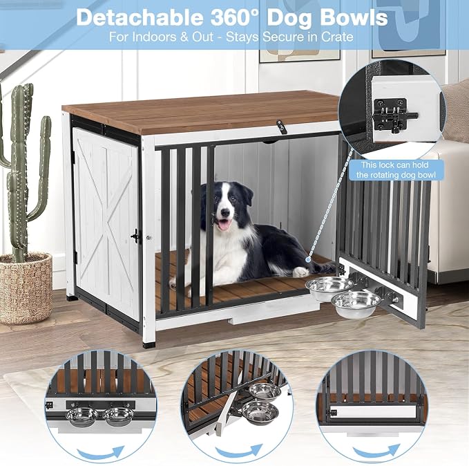 Large Dog Crate Furniture with Bowl for Travel Foldable Dog Crate with Chew-Proof Design Pull-Out Tray Carrying Puppy Cage Crates for Dogs Indoor (White)