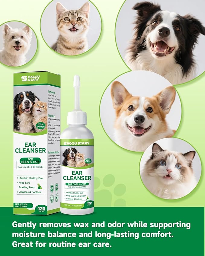 Eagou Diary Dog Ear Cleaner Solution - Cat Dog Ear Infection Treatment, Removes Debris, Wax, Odor, Itch Relief - Pet Ear Wash, Flush and Care with Aloe, Lavender, Chamomile, Ear Drops for Dogs Cats