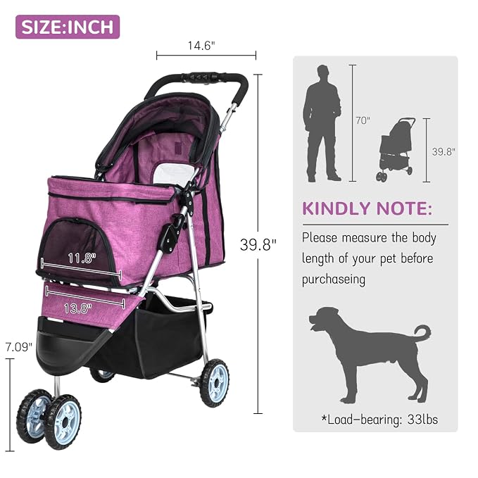 BLKMTY 3 Wheels Dog Stroller, Foldable Stroller for Cat, Dogs Waterproof Travel Carrier Strolling Cart for Puppy Small Dog Jogger Strollers W/Cup Holder & Storage Basket, Purple