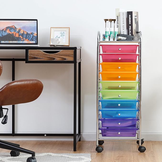 10 Drawer Rolling Storage Cart, Organization Cart with Drawers for Craft Makeup Paper Tool Art Supply, Versatile Utility Cart on Wheels for Home Office Classroom School (Rainbow)