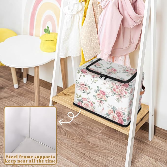 Pink Floral Flower Storage Baskets - Home Decorative Bins Collapsible Cubes with Zipper Lid, Rose Box with Handles for Living Room Bedroom Nursery Shelf Closet Office Kitchen, 24L