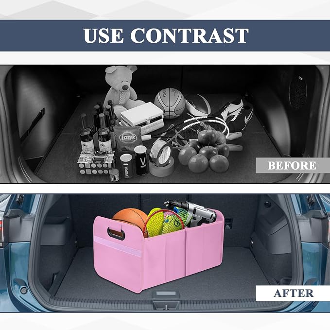 Car Trunk Organizer, Foldable Car Trunk Storage Box with 2 Compartments & Mesh Pocket, Large Capacity, Portable with Handle, Collapsible Backseat Storage Organizer for SUV Truck Sedan (Pink)