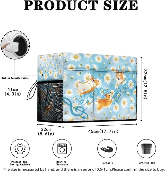 Sewing Machine Cover with Storage Pockets,Corgi Daisy Music Print | Dust & Pet Hair Protection,Fits Standard Singer, Brother and Janome Machines, Protecting & Decorating Your Sewing Space