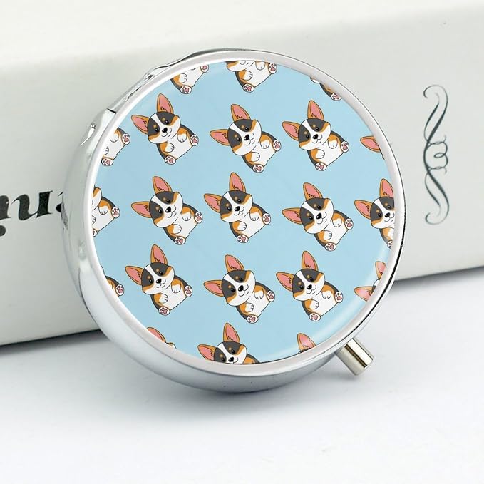 Round 3 Compartment Travel Pill Box Cute Corgi Tricolor Dog Art, Portable Pill Holder for Purse Outdoor Picnic Vitamin Storage