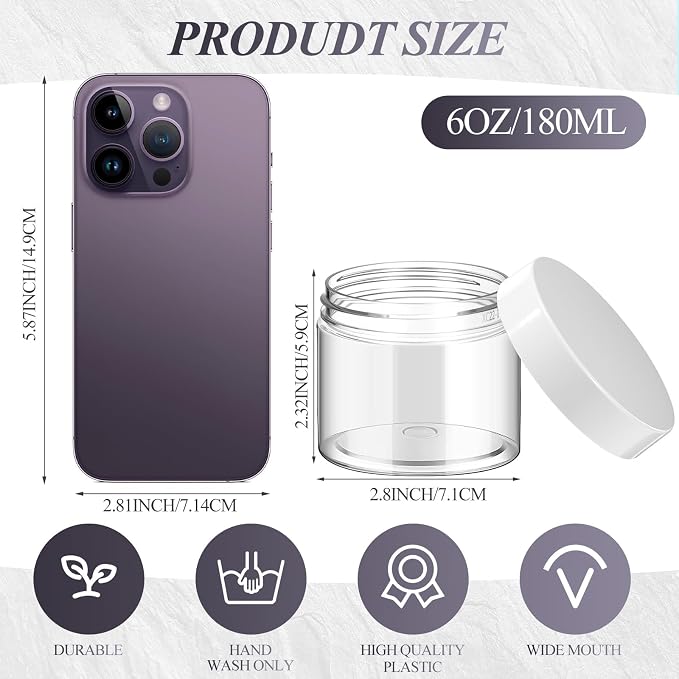 Patelai 60 Pcs Plastic Containers with Lids, Round Leakproof Cosmetic Containers, Multipurpose Storage Jars for Makeup, Lotion, Ointment, Rhinestone Samples, Dry Food and Toiletries(White,6 oz)