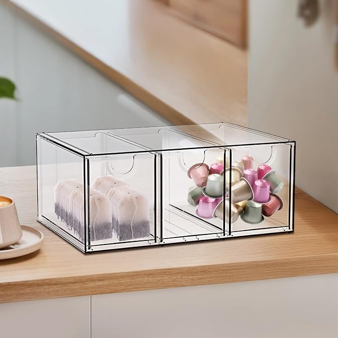 2 Pcs Tea Bag Organizer Drawer, Clear PET Tea Storage Organizer for Drawer Cabinet, Stackable Three Drawer Design, Easy View Tea Holder, Space Saving for Kitchen and Office