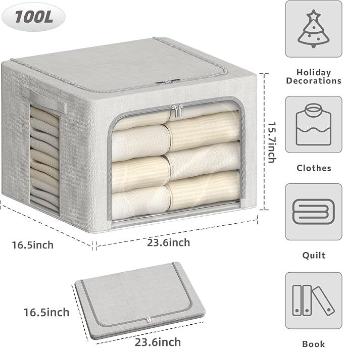 4 Pack Clothes Storage Bins with Metal Frame - 100L Stackable Storage Box with Lid，Foldable Storage Container Organizer for Clothes，Linen Fabric Storage Box with Clear Window＆Zippers＆Handles