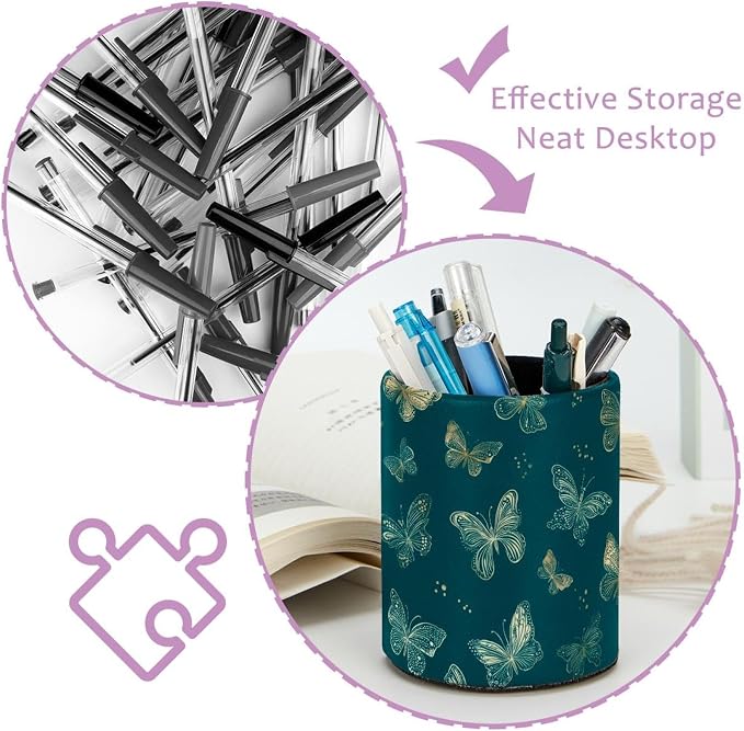 Faux Leather Pen Holder for Desk, Pencil Organizer Flying Butterflies Pen Cup Desk Decor Makeup Brush Holder Storage for Office Home