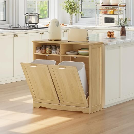 HOOBRO Double Tilt Out Trash Can Cabinet, 20 Gallon Kitchen Trash Bin Cabinet, Hidden Trash Storage with Open Compartments, Hidden Laundry Hamper, for Kitchen, Laundry, Natural NL04LJ01