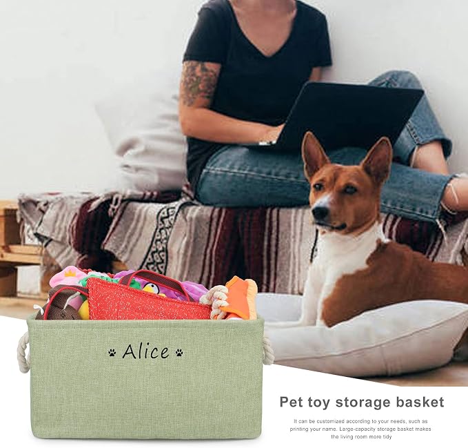 Personalized Dog Toy Storage Basket Bin, Customized Pet's Name Storage, Collapsible Organizer Box for Dog Toys, Clothing, Apparel & Accessories (Green, M)