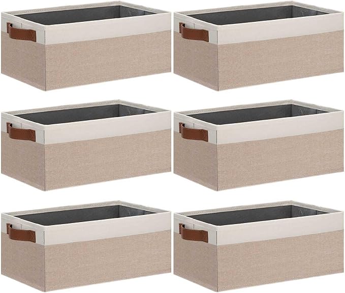 GhvyenntteS Small Fabric Storage Bins 6 Pack, 11.8" x 7.87" x 5.11" Storage Basket with Leather Handles, Closet Storage Bins for Shelves, Storage Baskets for Shelves, DVD Storage (Pink/White)