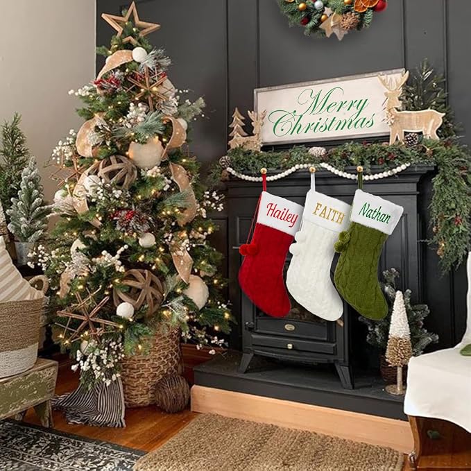 Personalized Christmas Stockings, Custom Name Knit Ball Christmas Stockings, 16" Xmas Stockings Hanging Ornament for Holiday Fireplace Decoration (3 Pcs)