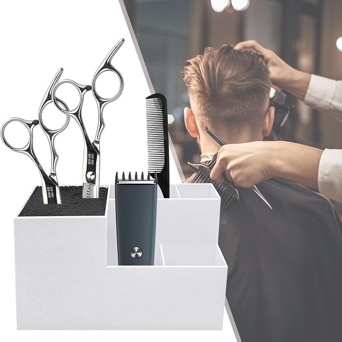 Haircut Tool Holder Hairdressing Tool Storage Box Salon Shear Organizer Hair Stylist Holder with Thickened Hygienic Sponge And Non Slip Base Suitable, white